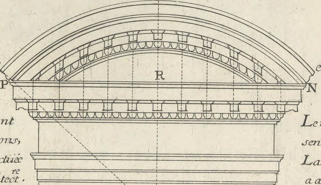 An illustration from Parallele de l'architectvre antiqve et de la moderne : avec vn recveil des dix principavx avthevrs qui ont écrit des cinq ordres ; sçauoir Palladio et Scamozzi, Serlio et Vignola, D. Barbaro et Cataneo, L.B. Alberti et Viola, Bvllant et De Lorme, comparez entre eux. Les trois ordres Grecs, le Doriqve, l'Ioniqve & le Corinthien, font la premiere partie de ce Traitté: Et les deux Latins, le Toscan & le Composite, en font la derniere, 1650, leaf 266