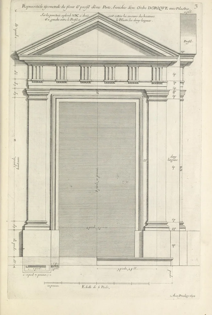An illustration from Parallele de l'architectvre antiqve et de la moderne : avec vn recveil des dix principavx avthevrs qui ont écrit des cinq ordres ; sçauoir Palladio et Scamozzi, Serlio et Vignola, D. Barbaro et Cataneo, L.B. Alberti et Viola, Bvllant et De Lorme, comparez entre eux. Les trois ordres Grecs, le Doriqve, l'Ioniqve & le Corinthien, font la premiere partie de ce Traitté: Et les deux Latins, le Toscan & le Composite, en font la derniere, 1650, leaf 270