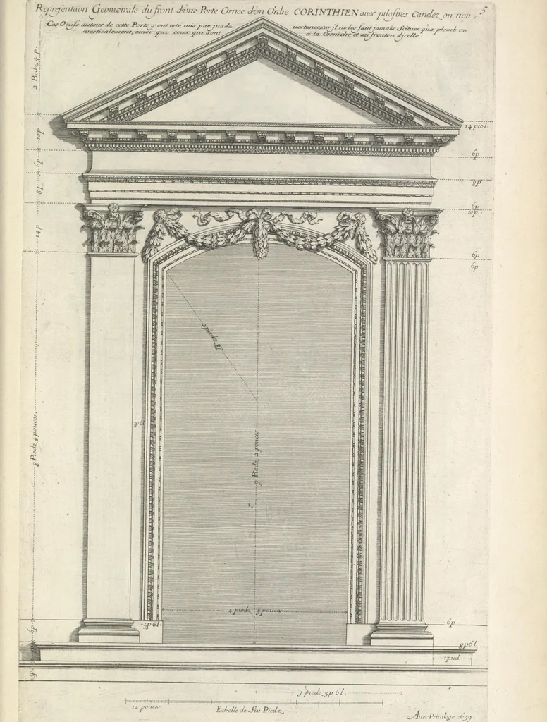 An illustration from Parallele de l'architectvre antiqve et de la moderne : avec vn recveil des dix principavx avthevrs qui ont écrit des cinq ordres ; sçauoir Palladio et Scamozzi, Serlio et Vignola, D. Barbaro et Cataneo, L.B. Alberti et Viola, Bvllant et De Lorme, comparez entre eux. Les trois ordres Grecs, le Doriqve, l'Ioniqve & le Corinthien, font la premiere partie de ce Traitté: Et les deux Latins, le Toscan & le Composite, en font la derniere, 1650, leaf 274