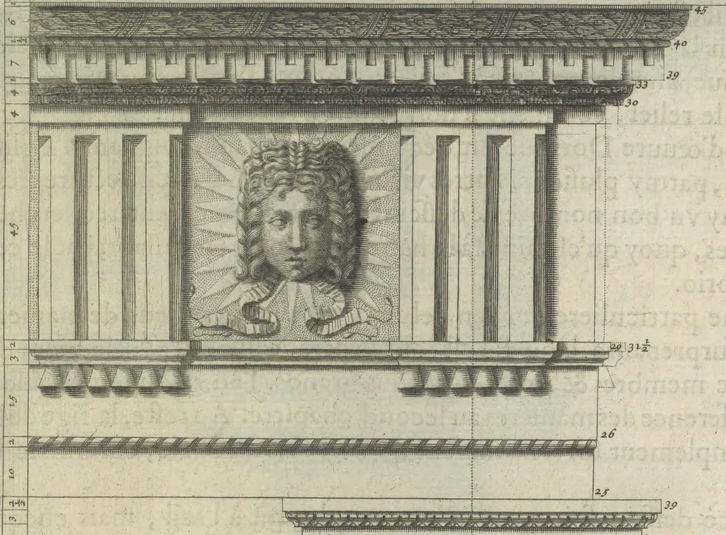 An illustration from Parallele de l'architectvre antiqve et de la moderne : avec vn recveil des dix principavx avthevrs qui ont écrit des cinq ordres ; sçauoir Palladio et Scamozzi, Serlio et Vignola, D. Barbaro et Cataneo, L.B. Alberti et Viola, Bvllant et De Lorme, comparez entre eux. Les trois ordres Grecs, le Doriqve, l'Ioniqve & le Corinthien, font la premiere partie de ce Traitté: Et les deux Latins, le Toscan & le Composite, en font la derniere, 1650, leaf 36