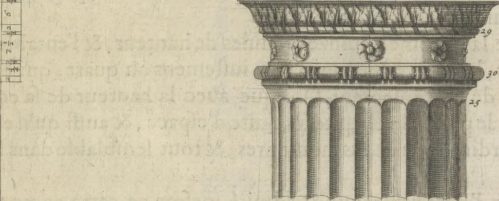 An illustration from Parallele de l'architectvre antiqve et de la moderne : avec vn recveil des dix principavx avthevrs qui ont écrit des cinq ordres ; sçauoir Palladio et Scamozzi, Serlio et Vignola, D. Barbaro et Cataneo, L.B. Alberti et Viola, Bvllant et De Lorme, comparez entre eux. Les trois ordres Grecs, le Doriqve, l'Ioniqve & le Corinthien, font la premiere partie de ce Traitté: Et les deux Latins, le Toscan & le Composite, en font la derniere, 1650, leaf 36