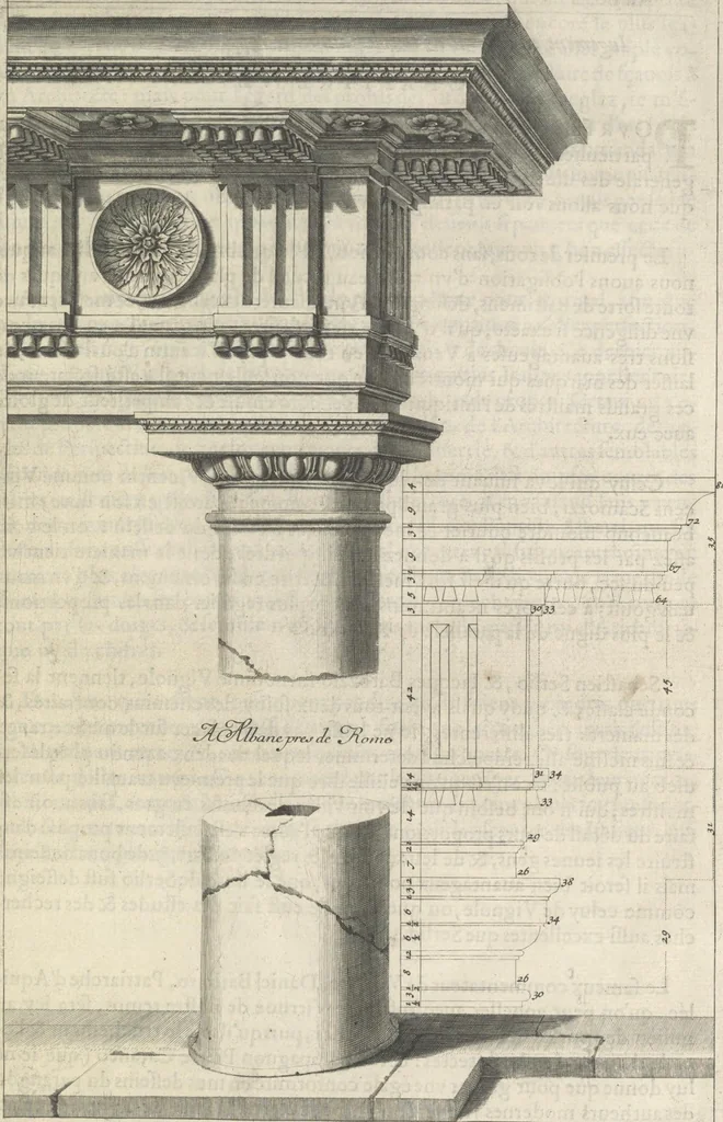 An illustration from Parallele de l'architectvre antiqve et de la moderne : avec vn recveil des dix principavx avthevrs qui ont écrit des cinq ordres ; sçauoir Palladio et Scamozzi, Serlio et Vignola, D. Barbaro et Cataneo, L.B. Alberti et Viola, Bvllant et De Lorme, comparez entre eux. Les trois ordres Grecs, le Doriqve, l'Ioniqve & le Corinthien, font la premiere partie de ce Traitté: Et les deux Latins, le Toscan & le Composite, en font la derniere, 1650, leaf 38