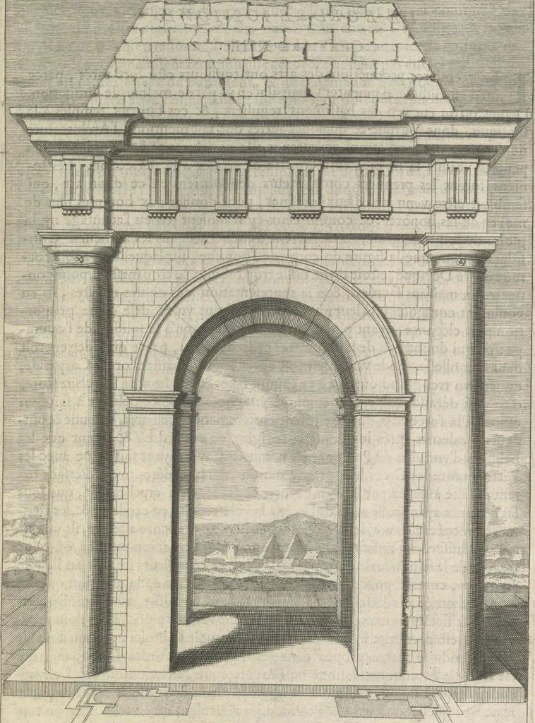An illustration from Parallele de l'architectvre antiqve et de la moderne : avec vn recveil des dix principavx avthevrs qui ont écrit des cinq ordres ; sçauoir Palladio et Scamozzi, Serlio et Vignola, D. Barbaro et Cataneo, L.B. Alberti et Viola, Bvllant et De Lorme, comparez entre eux. Les trois ordres Grecs, le Doriqve, l'Ioniqve & le Corinthien, font la premiere partie de ce Traitté: Et les deux Latins, le Toscan & le Composite, en font la derniere, 1650, leaf 52