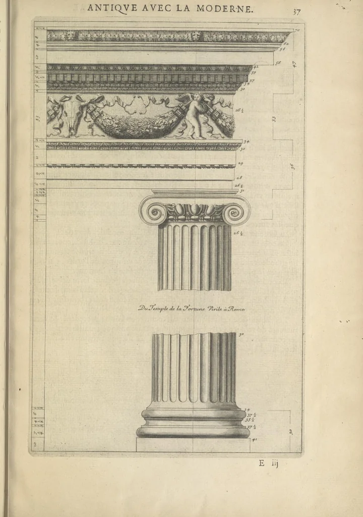 An illustration from Parallele de l'architectvre antiqve et de la moderne : avec vn recveil des dix principavx avthevrs qui ont écrit des cinq ordres ; sçauoir Palladio et Scamozzi, Serlio et Vignola, D. Barbaro et Cataneo, L.B. Alberti et Viola, Bvllant et De Lorme, comparez entre eux. Les trois ordres Grecs, le Doriqve, l'Ioniqve & le Corinthien, font la premiere partie de ce Traitté: Et les deux Latins, le Toscan & le Composite, en font la derniere, 1650, leaf 56