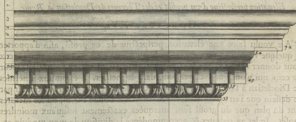 An illustration from Parallele de l'architectvre antiqve et de la moderne : avec vn recveil des dix principavx avthevrs qui ont écrit des cinq ordres ; sçauoir Palladio et Scamozzi, Serlio et Vignola, D. Barbaro et Cataneo, L.B. Alberti et Viola, Bvllant et De Lorme, comparez entre eux. Les trois ordres Grecs, le Doriqve, l'Ioniqve & le Corinthien, font la premiere partie de ce Traitté: Et les deux Latins, le Toscan & le Composite, en font la derniere, 1650, leaf 58