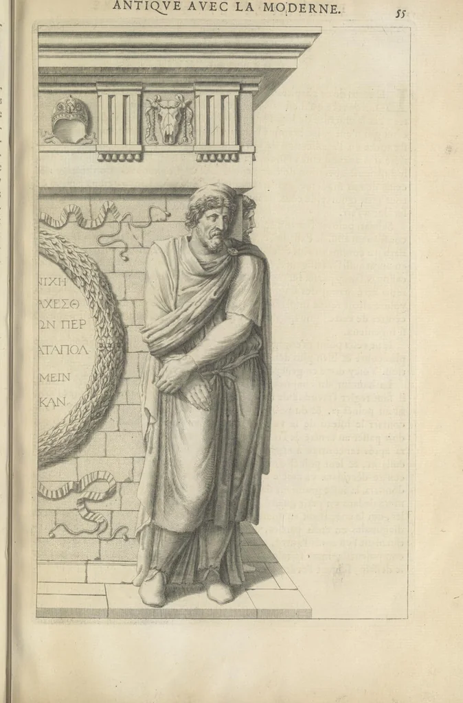 An illustration from Parallele de l'architectvre antiqve et de la moderne : avec vn recveil des dix principavx avthevrs qui ont écrit des cinq ordres ; sçauoir Palladio et Scamozzi, Serlio et Vignola, D. Barbaro et Cataneo, L.B. Alberti et Viola, Bvllant et De Lorme, comparez entre eux. Les trois ordres Grecs, le Doriqve, l'Ioniqve & le Corinthien, font la premiere partie de ce Traitté: Et les deux Latins, le Toscan & le Composite, en font la derniere, 1650, leaf 74