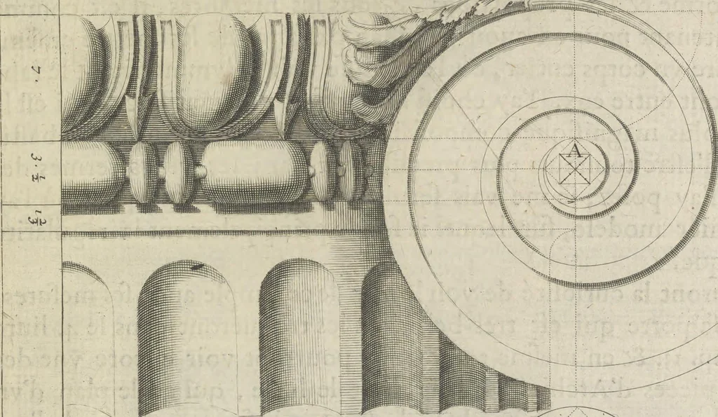 An illustration from Parallele de l'architectvre antiqve et de la moderne : avec vn recveil des dix principavx avthevrs qui ont écrit des cinq ordres ; sçauoir Palladio et Scamozzi, Serlio et Vignola, D. Barbaro et Cataneo, L.B. Alberti et Viola, Bvllant et De Lorme, comparez entre eux. Les trois ordres Grecs, le Doriqve, l'Ioniqve & le Corinthien, font la premiere partie de ce Traitté: Et les deux Latins, le Toscan & le Composite, en font la derniere, 1650, leaf 76