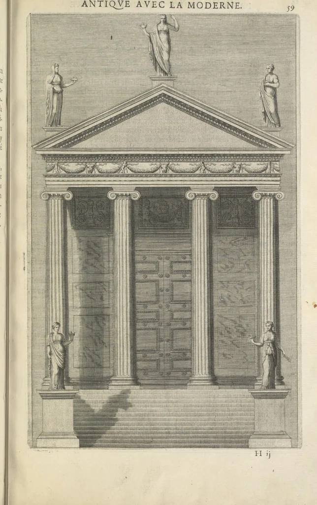An illustration from Parallele de l'architectvre antiqve et de la moderne : avec vn recveil des dix principavx avthevrs qui ont écrit des cinq ordres ; sçauoir Palladio et Scamozzi, Serlio et Vignola, D. Barbaro et Cataneo, L.B. Alberti et Viola, Bvllant et De Lorme, comparez entre eux. Les trois ordres Grecs, le Doriqve, l'Ioniqve & le Corinthien, font la premiere partie de ce Traitté: Et les deux Latins, le Toscan & le Composite, en font la derniere, 1650, leaf 78
