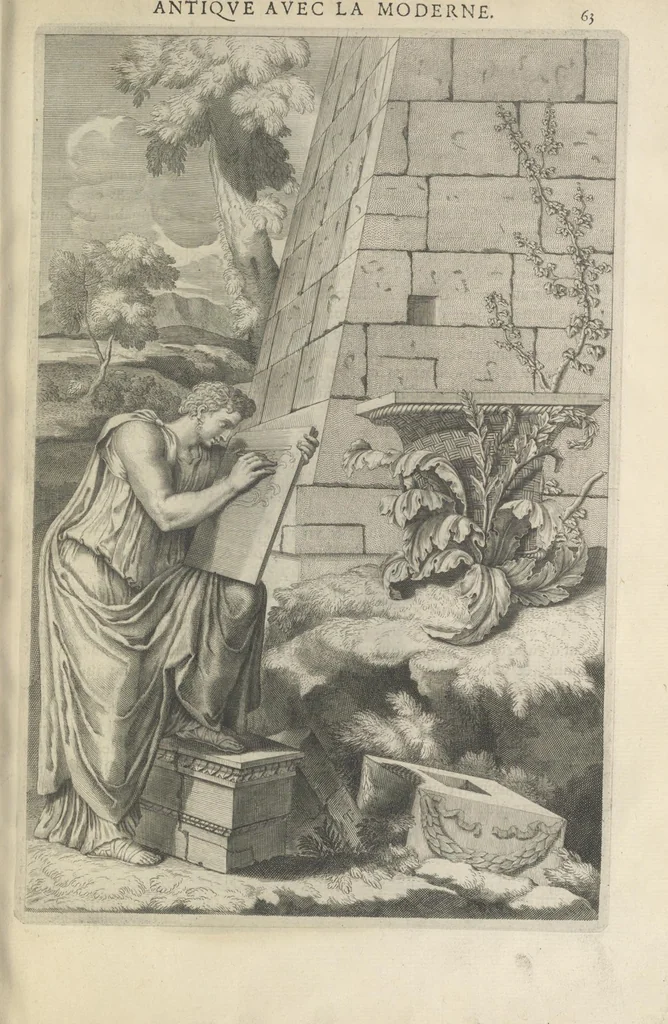 An illustration from Parallele de l'architectvre antiqve et de la moderne : avec vn recveil des dix principavx avthevrs qui ont écrit des cinq ordres ; sçauoir Palladio et Scamozzi, Serlio et Vignola, D. Barbaro et Cataneo, L.B. Alberti et Viola, Bvllant et De Lorme, comparez entre eux. Les trois ordres Grecs, le Doriqve, l'Ioniqve & le Corinthien, font la premiere partie de ce Traitté: Et les deux Latins, le Toscan & le Composite, en font la derniere, 1650, leaf 82