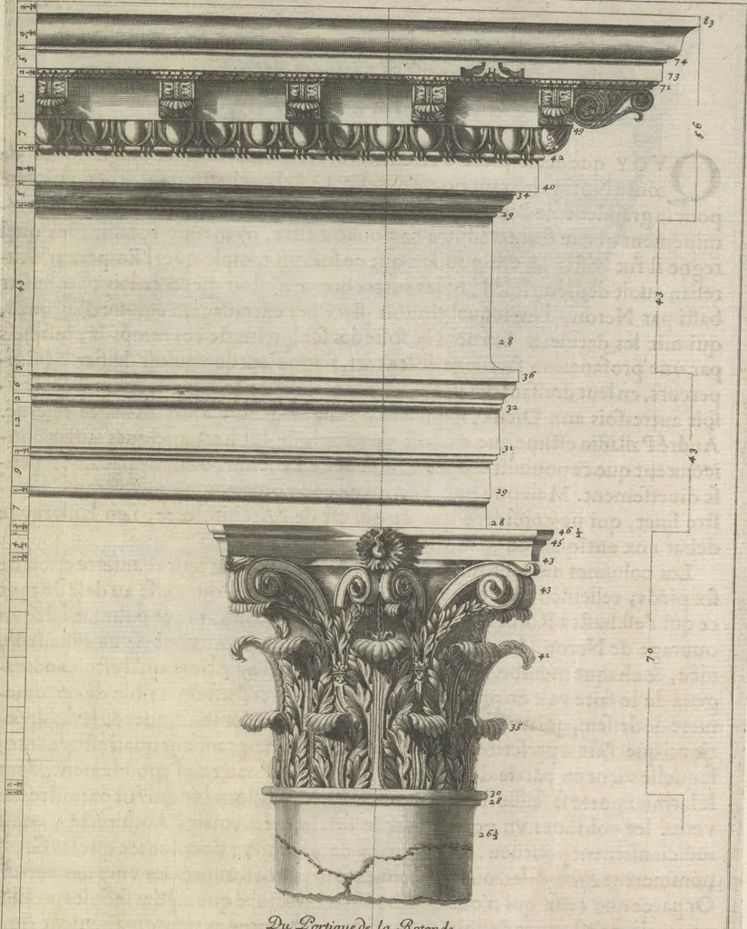 An illustration from Parallele de l'architectvre antiqve et de la moderne : avec vn recveil des dix principavx avthevrs qui ont écrit des cinq ordres ; sçauoir Palladio et Scamozzi, Serlio et Vignola, D. Barbaro et Cataneo, L.B. Alberti et Viola, Bvllant et De Lorme, comparez entre eux. Les trois ordres Grecs, le Doriqve, l'Ioniqve & le Corinthien, font la premiere partie de ce Traitté: Et les deux Latins, le Toscan & le Composite, en font la derniere, 1650, leaf 84