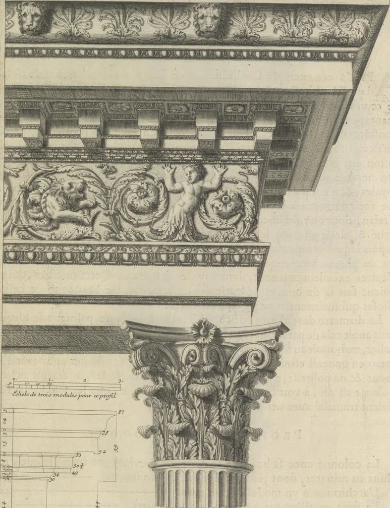 An illustration from Parallele de l'architectvre antiqve et de la moderne : avec vn recveil des dix principavx avthevrs qui ont écrit des cinq ordres ; sçauoir Palladio et Scamozzi, Serlio et Vignola, D. Barbaro et Cataneo, L.B. Alberti et Viola, Bvllant et De Lorme, comparez entre eux. Les trois ordres Grecs, le Doriqve, l'Ioniqve & le Corinthien, font la premiere partie de ce Traitté: Et les deux Latins, le Toscan & le Composite, en font la derniere, 1650, leaf 86