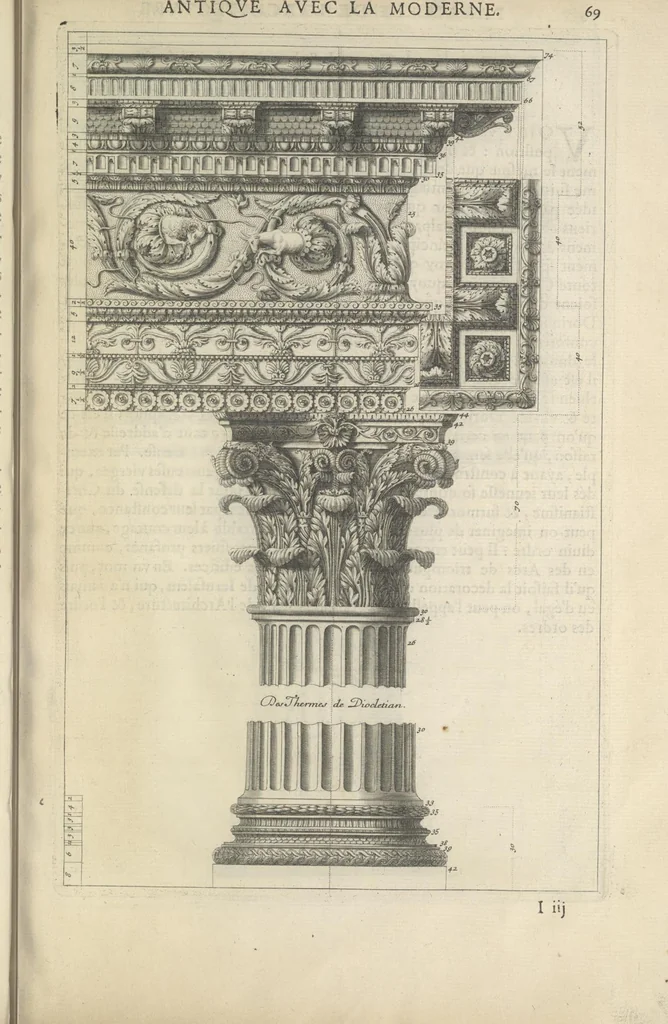 An illustration from Parallele de l'architectvre antiqve et de la moderne : avec vn recveil des dix principavx avthevrs qui ont écrit des cinq ordres ; sçauoir Palladio et Scamozzi, Serlio et Vignola, D. Barbaro et Cataneo, L.B. Alberti et Viola, Bvllant et De Lorme, comparez entre eux. Les trois ordres Grecs, le Doriqve, l'Ioniqve & le Corinthien, font la premiere partie de ce Traitté: Et les deux Latins, le Toscan & le Composite, en font la derniere, 1650, leaf 88