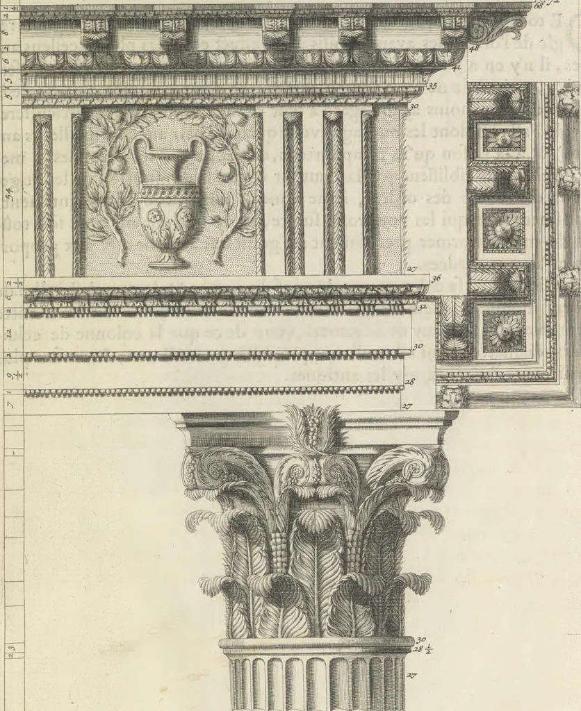 An illustration from Parallele de l'architectvre antiqve et de la moderne : avec vn recveil des dix principavx avthevrs qui ont écrit des cinq ordres ; sçauoir Palladio et Scamozzi, Serlio et Vignola, D. Barbaro et Cataneo, L.B. Alberti et Viola, Bvllant et De Lorme, comparez entre eux. Les trois ordres Grecs, le Doriqve, l'Ioniqve & le Corinthien, font la premiere partie de ce Traitté: Et les deux Latins, le Toscan & le Composite, en font la derniere, 1650, leaf 90