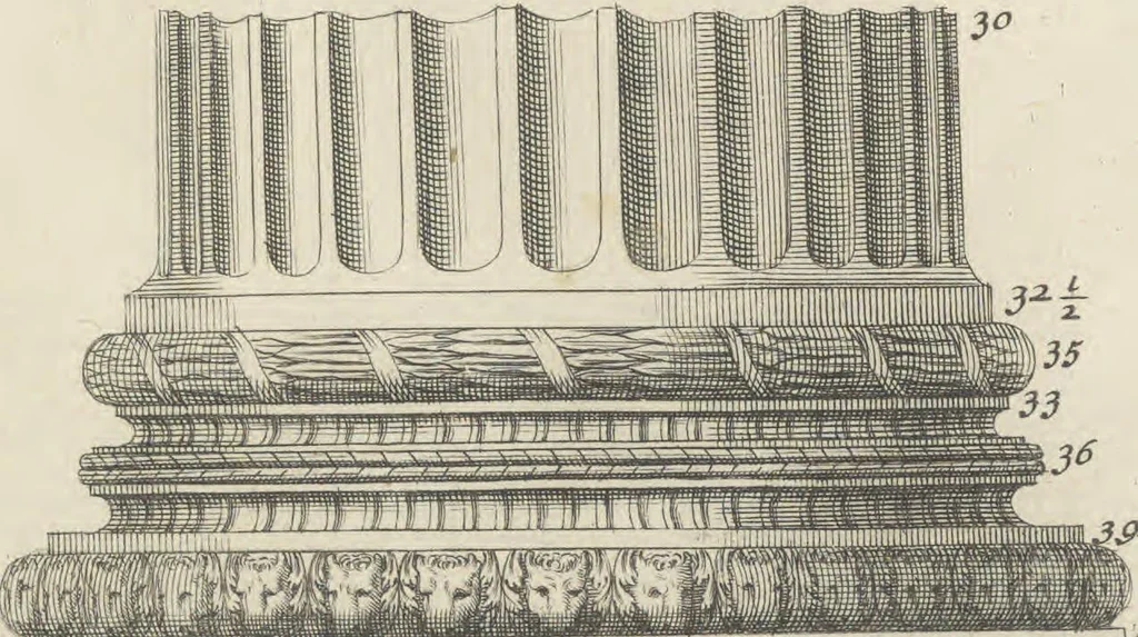 An illustration from Parallele de l'architectvre antiqve et de la moderne : avec vn recveil des dix principavx avthevrs qui ont écrit des cinq ordres ; sçauoir Palladio et Scamozzi, Serlio et Vignola, D. Barbaro et Cataneo, L.B. Alberti et Viola, Bvllant et De Lorme, comparez entre eux. Les trois ordres Grecs, le Doriqve, l'Ioniqve & le Corinthien, font la premiere partie de ce Traitté: Et les deux Latins, le Toscan & le Composite, en font la derniere, 1650, leaf 90