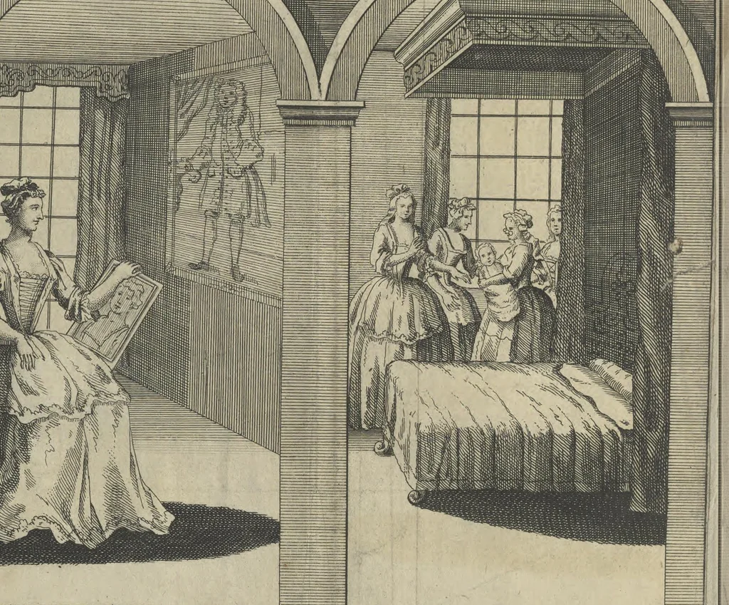 An illustration from Mundus muliebris: or, The ladies dressing-room unlock'd, and her toilette spread : In burlesque. Together with the Fop-dictionary compiled for the use of the fair sex, 1690, leaf 24