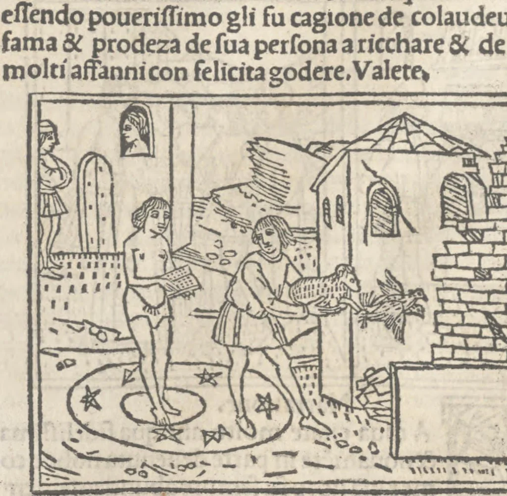 An illustration from Nouellino de Masuccio Salernitano, 1503, leaf 63