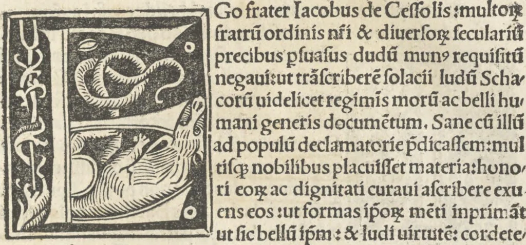 An illustration from Tractatus de scachis mistice interpretatus de moribus per singulos hominu[m] status, 1505, leaf 6