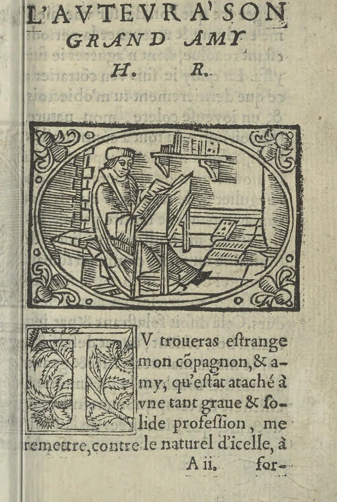An illustration from Baliverneries, ov Contes novveaux d'Eutrapel [pseud.] autrement dit Leon Ladulfi. Paris, E. Groulleau, libraire, 1548, 1815, leaf 12