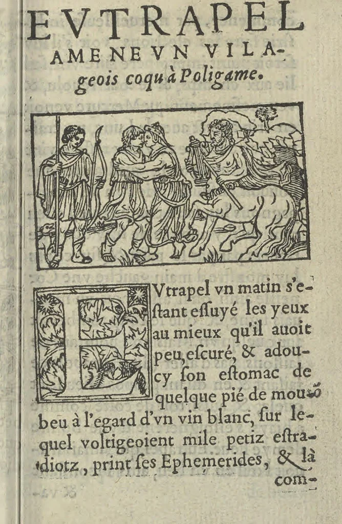 An illustration from Baliverneries, ov Contes novveaux d'Eutrapel [pseud.] autrement dit Leon Ladulfi. Paris, E. Groulleau, libraire, 1548, 1815, leaf 22