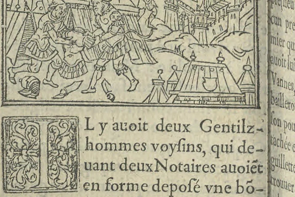An illustration from Baliverneries, ov Contes novveaux d'Eutrapel [pseud.] autrement dit Leon Ladulfi. Paris, E. Groulleau, libraire, 1548, 1815, leaf 61