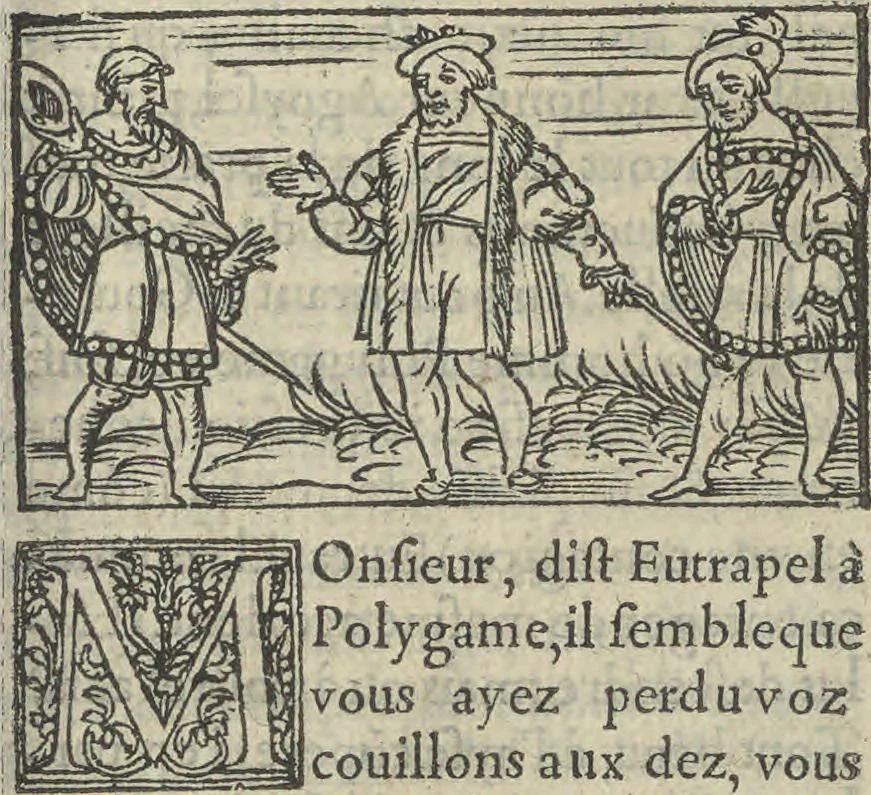 An illustration from Baliverneries, ov Contes novveaux d'Eutrapel [pseud.] autrement dit Leon Ladulfi. Paris, E. Groulleau, libraire, 1548, 1815, leaf 82