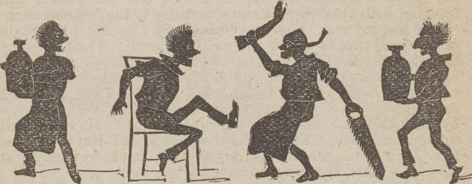 An illustration from Gilbert's book of pantomimes, acting charades, parlor theatricals, and tableaux ... Illustrated with numerous fine engravings, showing exactly how everything should be done, 1878, leaf 19
