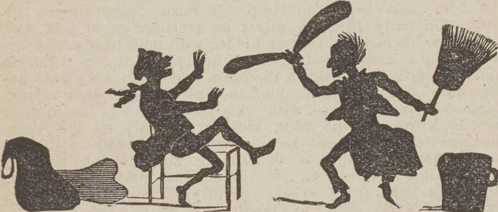 An illustration from Gilbert's book of pantomimes, acting charades, parlor theatricals, and tableaux ... Illustrated with numerous fine engravings, showing exactly how everything should be done, 1878, leaf 34