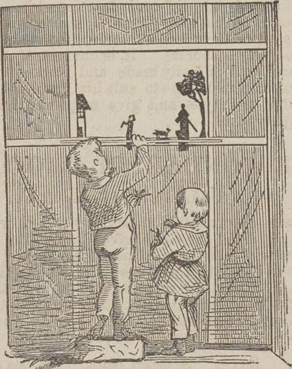 An illustration from Gilbert's book of pantomimes, acting charades, parlor theatricals, and tableaux ... Illustrated with numerous fine engravings, showing exactly how everything should be done, 1878, leaf 44