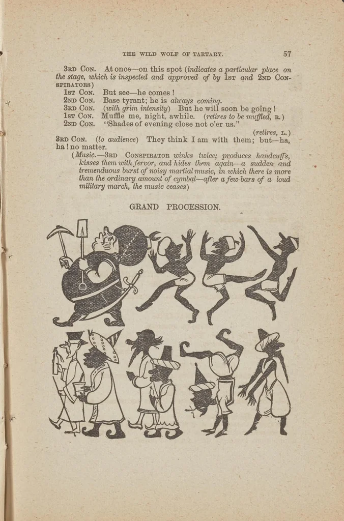 An illustration from Gilbert's book of pantomimes, acting charades, parlor theatricals, and tableaux ... Illustrated with numerous fine engravings, showing exactly how everything should be done, 1878, leaf 61