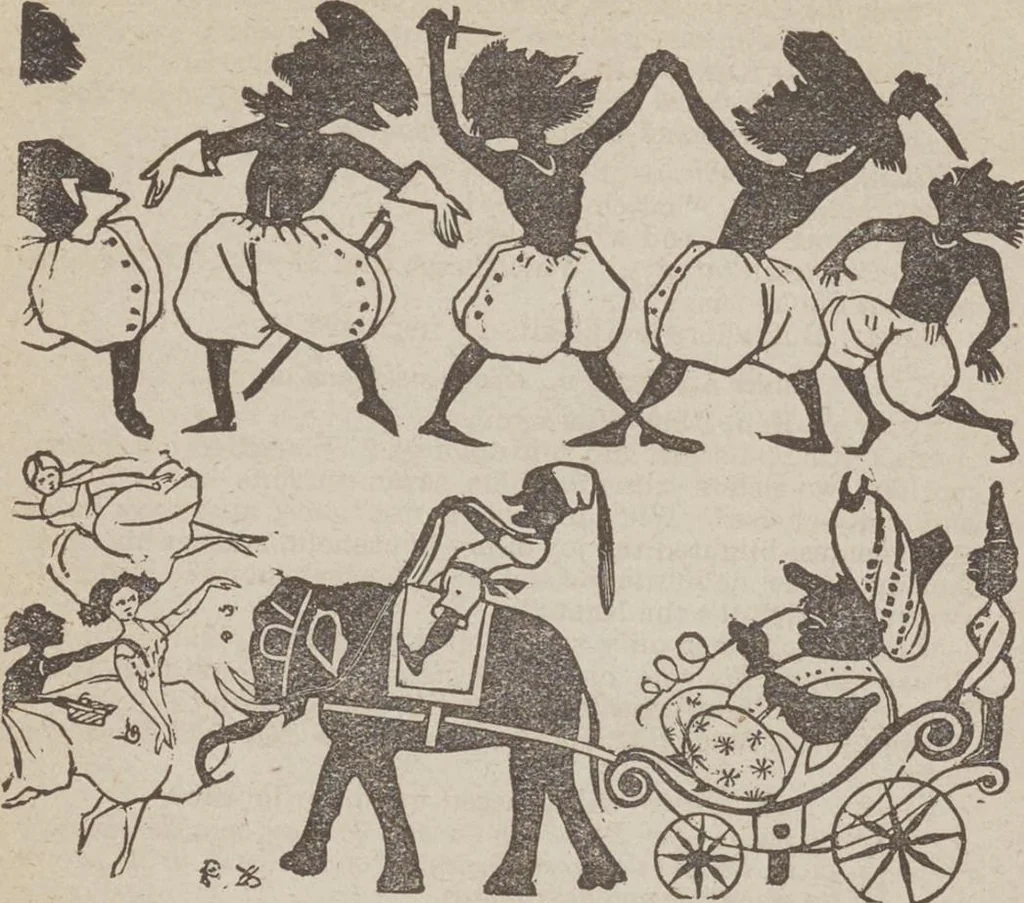 An illustration from Gilbert's book of pantomimes, acting charades, parlor theatricals, and tableaux ... Illustrated with numerous fine engravings, showing exactly how everything should be done, 1878, leaf 62