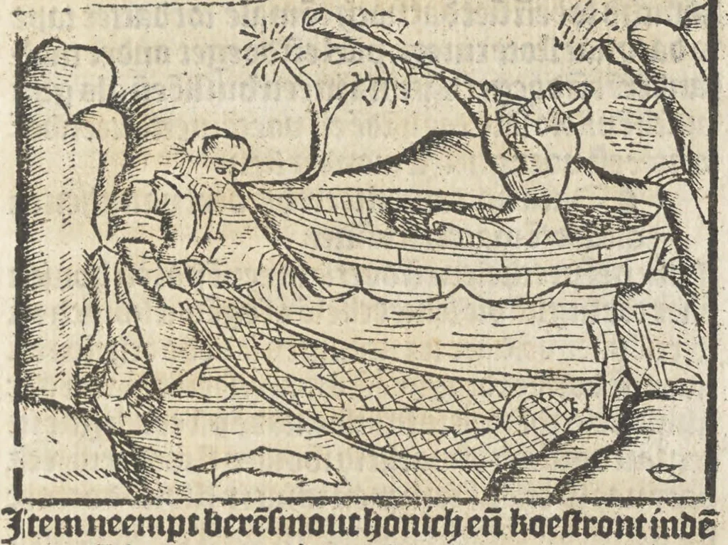 An illustration from Dit boecxken leert hoe men mach voghelen vanghen metten handen. Ende hoemen mach visschen vanghe[n] mette[n] handen ande oeck andersins, 1500, leaf 12
