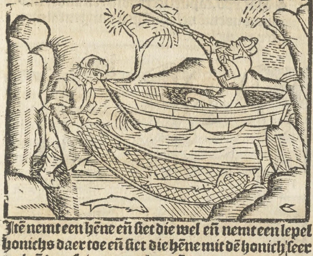An illustration from Dit boecxken leert hoe men mach voghelen vanghen metten handen. Ende hoemen mach visschen vanghe[n] mette[n] handen ande oeck andersins, 1500, leaf 16