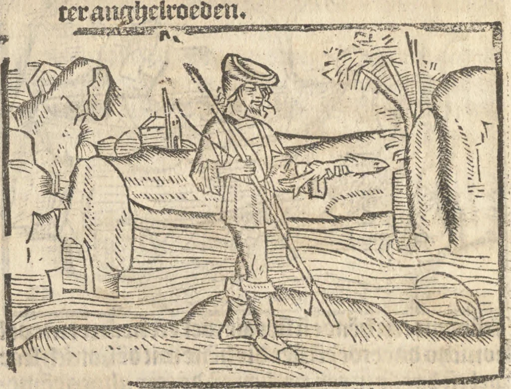 An illustration from Dit boecxken leert hoe men mach voghelen vanghen metten handen. Ende hoemen mach visschen vanghe[n] mette[n] handen ande oeck andersins, 1500, leaf 17