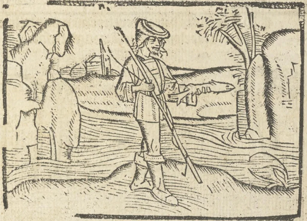 An illustration from Dit boecxken leert hoe men mach voghelen vanghen metten handen. Ende hoemen mach visschen vanghe[n] mette[n] handen ande oeck andersins, 1500, leaf 6