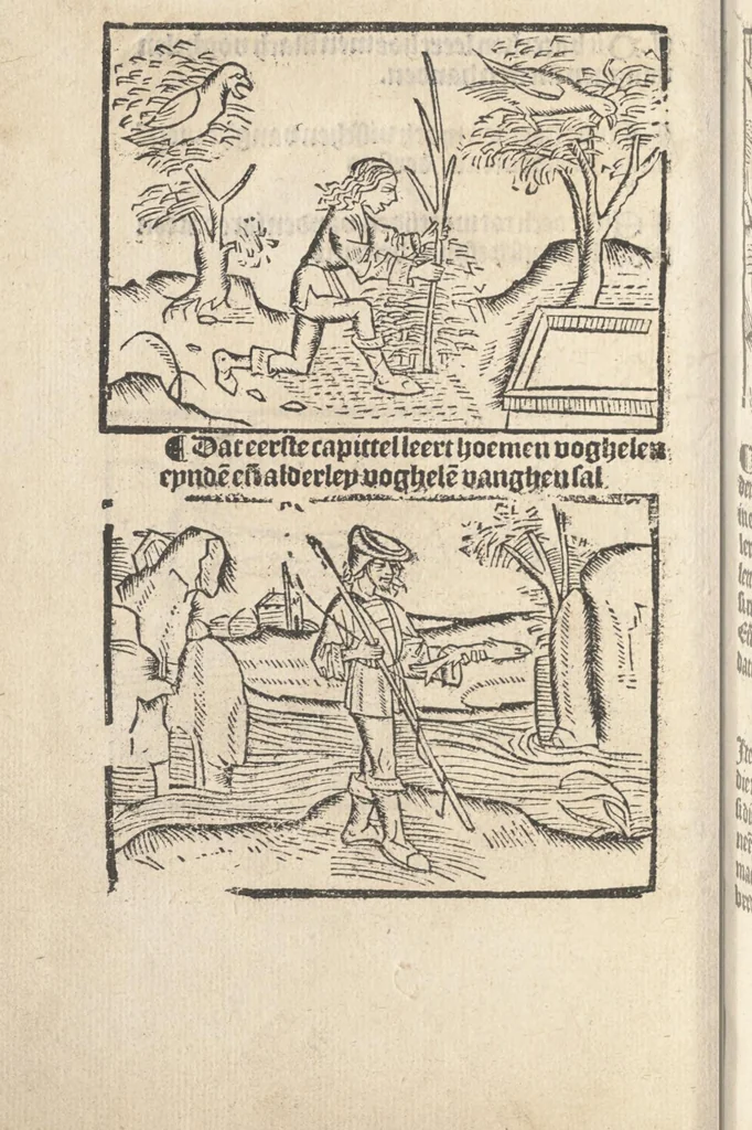 An illustration from Dit boecxken leert hoe men mach voghelen vanghen metten handen. Ende hoemen mach visschen vanghe[n] mette[n] handen ande oeck andersins, 1500, leaf 7