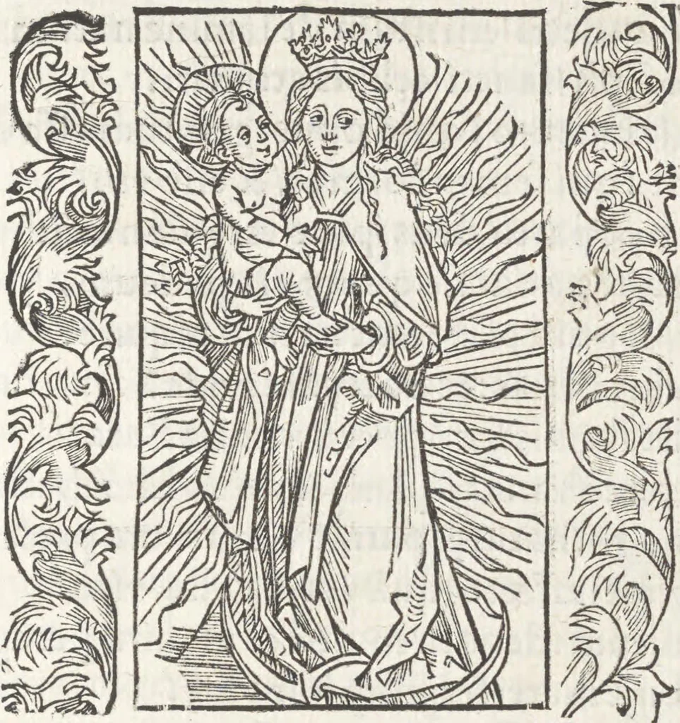 An illustration from In laude[m] gloriose Virginis Marie multoru[m]q[ue] Sanctoru[m] varij generis carmina Sebastiani Brant, 1494, leaf 24
