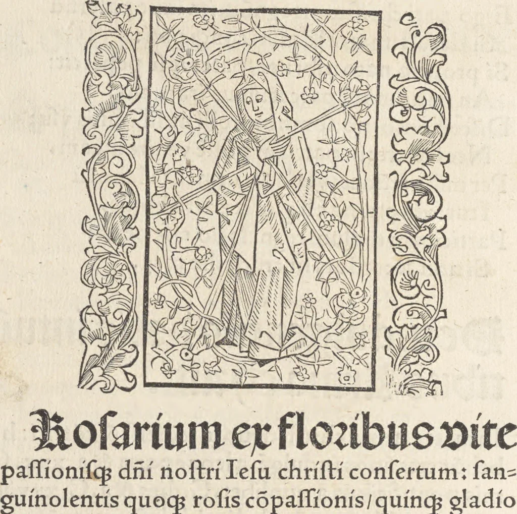 An illustration from In laude[m] gloriose Virginis Marie multoru[m]q[ue] Sanctoru[m] varij generis carmina Sebastiani Brant, 1494, leaf 33