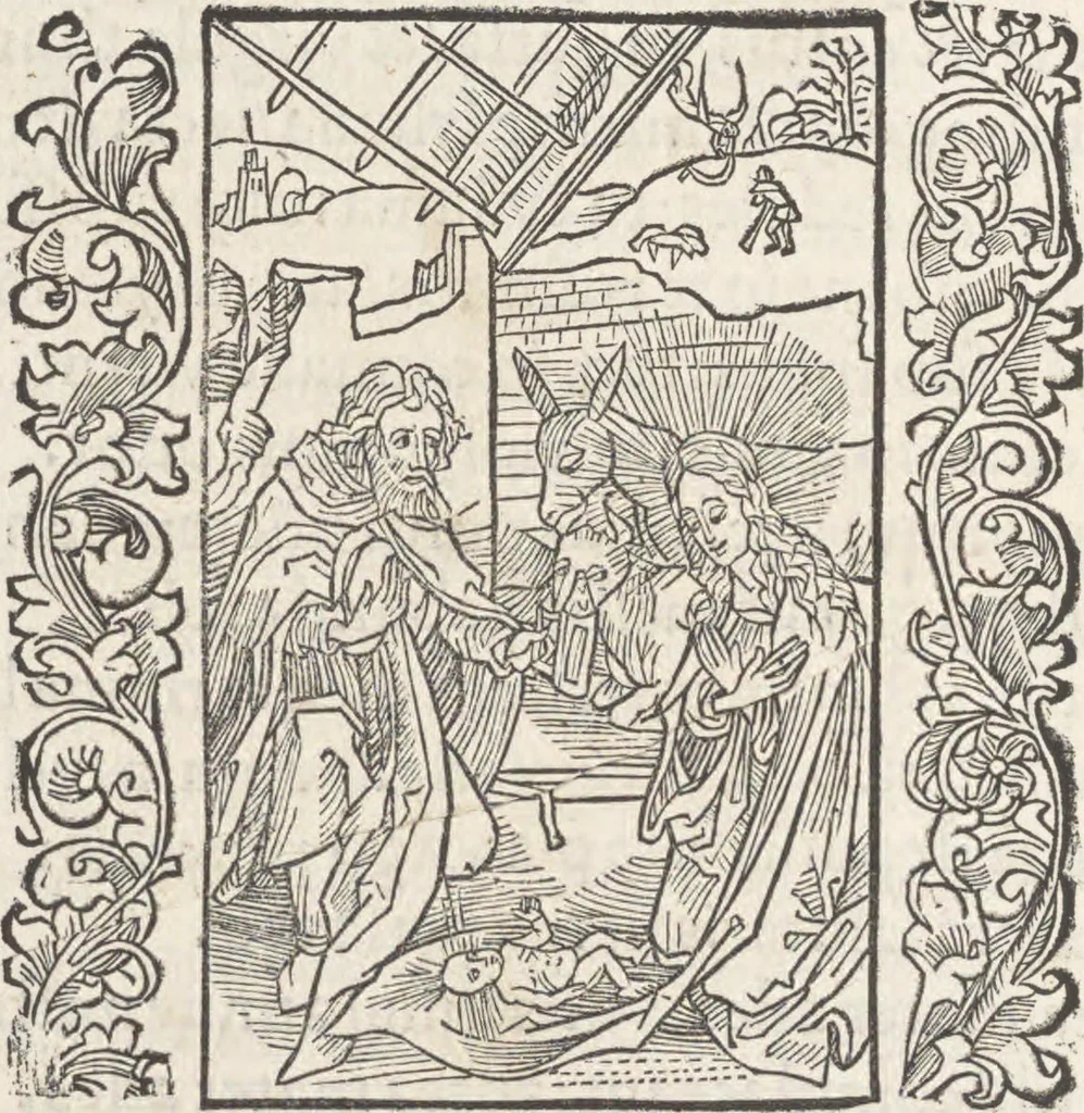 An illustration from In laude[m] gloriose Virginis Marie multoru[m]q[ue] Sanctoru[m] varij generis carmina Sebastiani Brant, 1494, leaf 47
