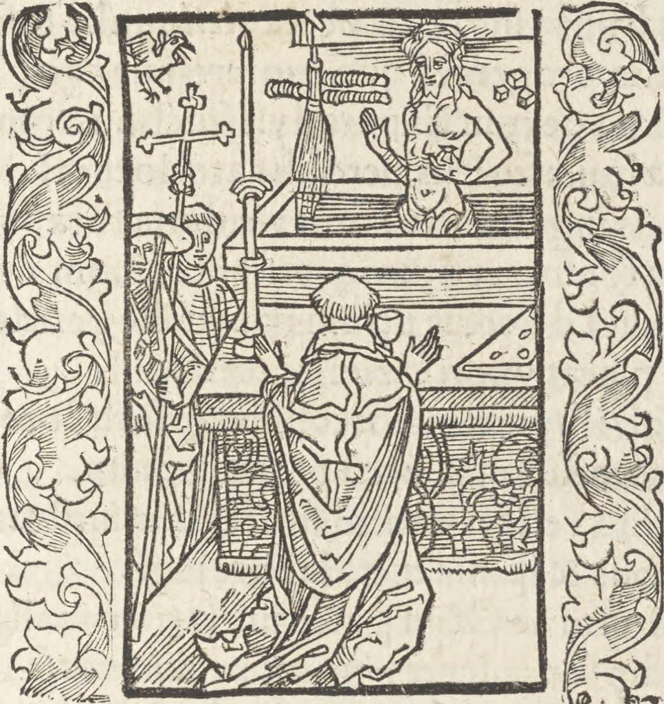 An illustration from In laude[m] gloriose Virginis Marie multoru[m]q[ue] Sanctoru[m] varij generis carmina Sebastiani Brant, 1494, leaf 54