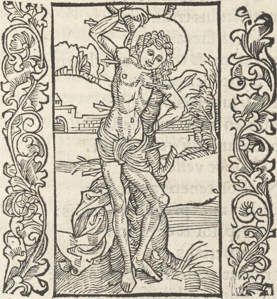 An illustration from In laude[m] gloriose Virginis Marie multoru[m]q[ue] Sanctoru[m] varij generis carmina Sebastiani Brant, 1494, leaf 64