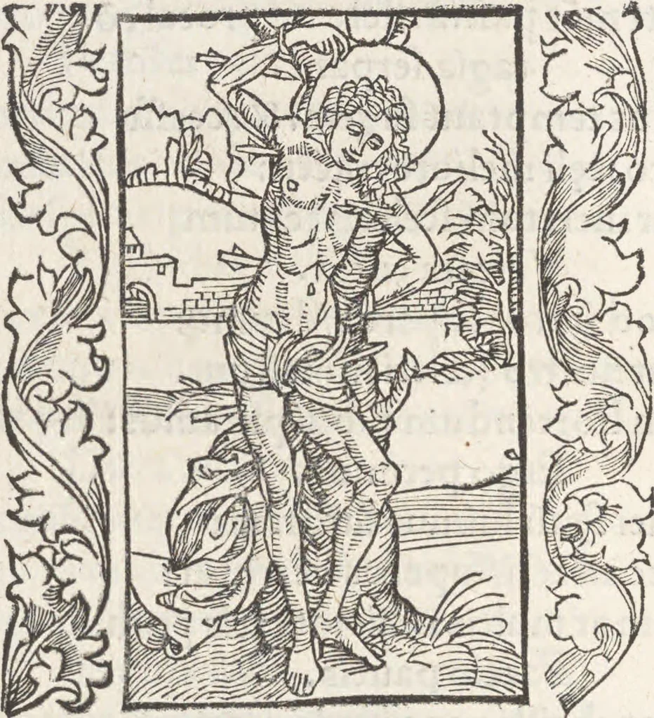 An illustration from In laude[m] gloriose Virginis Marie multoru[m]q[ue] Sanctoru[m] varij generis carmina Sebastiani Brant, 1494, leaf 71