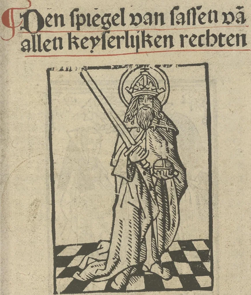 An illustration from Den spiegel van Sassen va[n] allen keyserlijken rechten, 1504, leaf 8