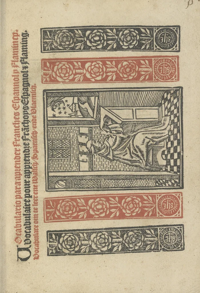 An illustration from Vocabulario para aprender franches, espannol y flaminco = Vocabulaire pour apprendre fra[n]choys, espagnol et flaming = Vocabulare om te leerene walsch, spaensch, ende vlaemsch, 1520, leaf 6