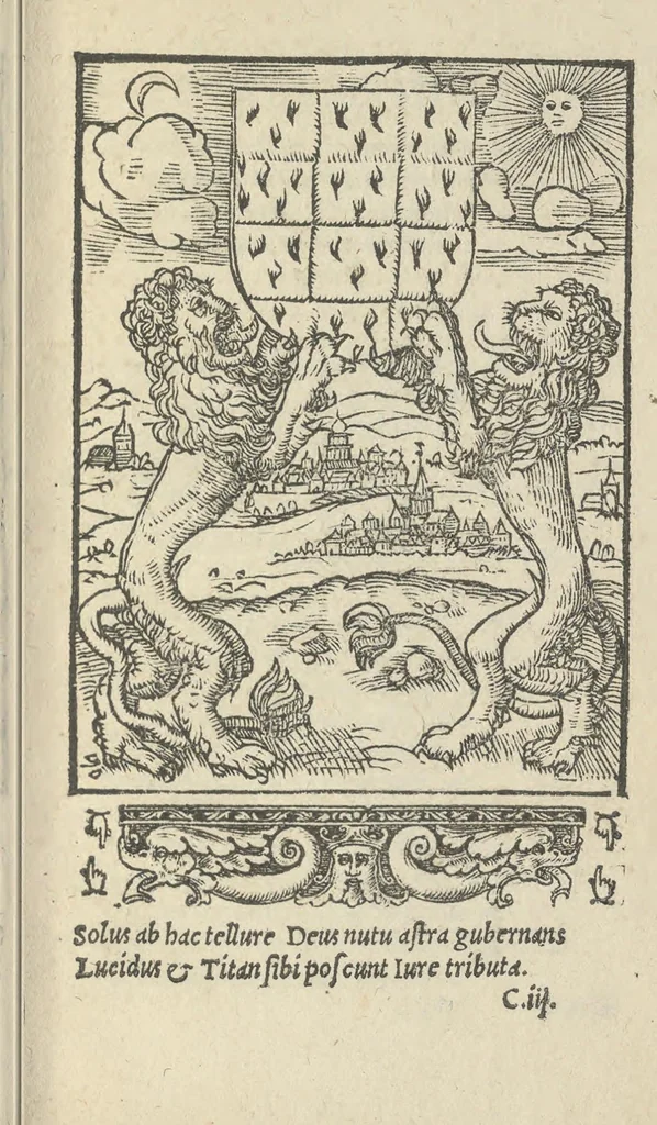 An illustration from Nic[olai] B[rontii] Car[men] ad Opt[imum] Max[imum] Fort[issimum] Invic[tissimum] et Pien[tissimum] Princ[ipem] D[omin]i Car[olum] Quin[tum] Imp[eratorum] Caes[aerem] S[emper] A[ugustem], 1541, leaf 36