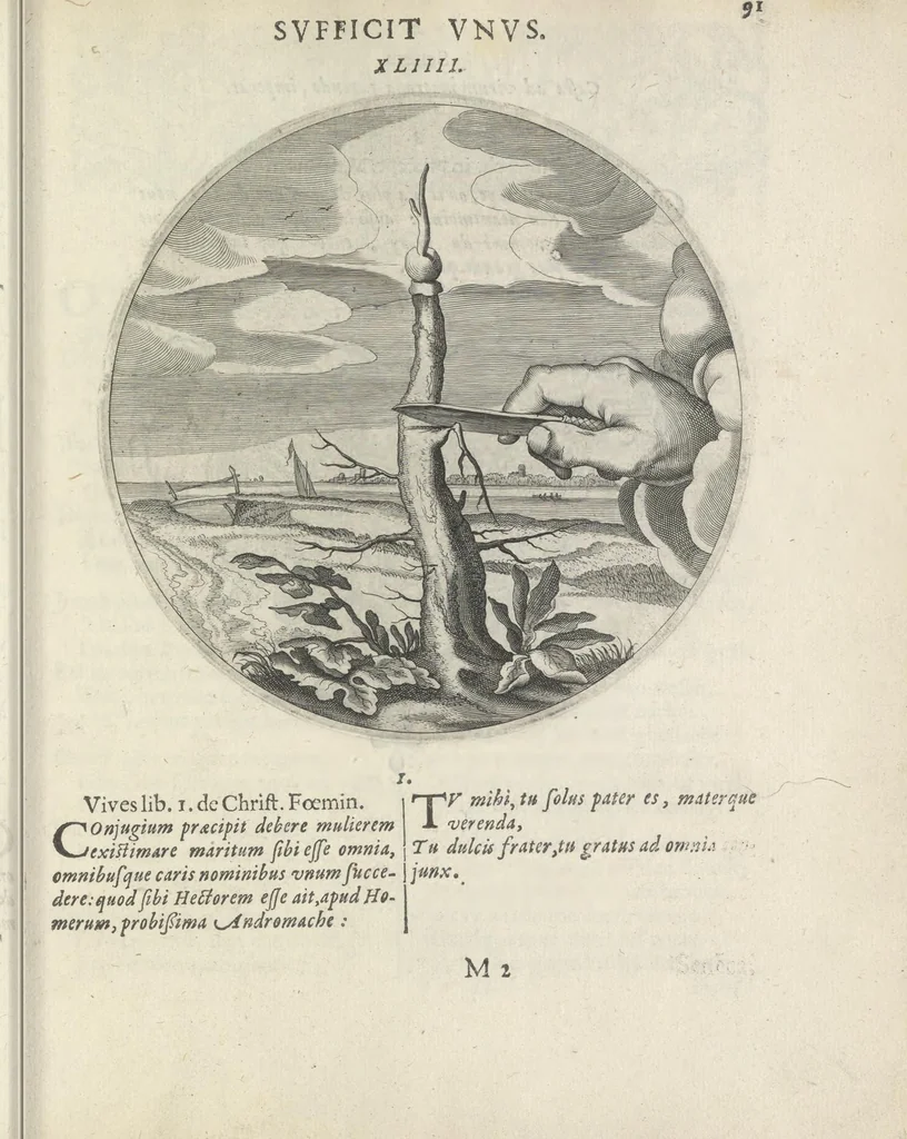 An illustration from Maechden-pflicht ofte ampt der ionck-vrovvven in eerbaer liefde aen-ghewesen door sinne-beelden. Officivm puellarum in castis amoribus emblemate expressum, 1618, leaf 110