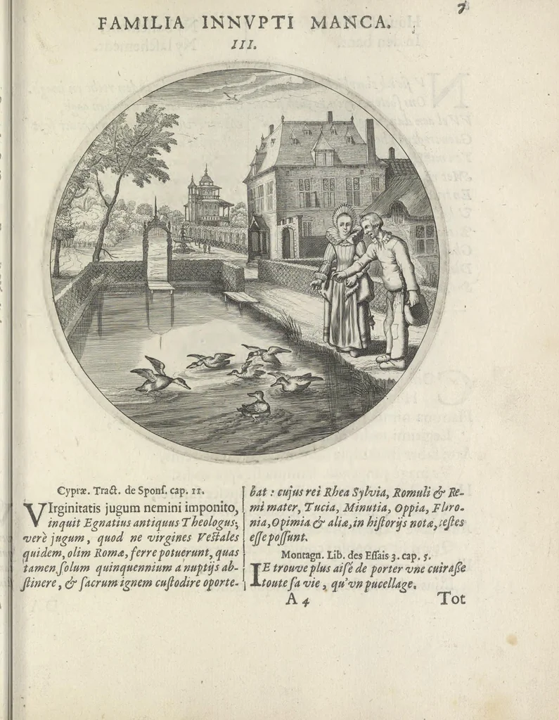 An illustration from Maechden-pflicht ofte ampt der ionck-vrovvven in eerbaer liefde aen-ghewesen door sinne-beelden. Officivm puellarum in castis amoribus emblemate expressum, 1618, leaf 26