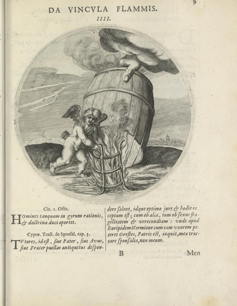 An illustration from Maechden-pflicht ofte ampt der ionck-vrovvven in eerbaer liefde aen-ghewesen door sinne-beelden. Officivm puellarum in castis amoribus emblemate expressum, 1618, leaf 28