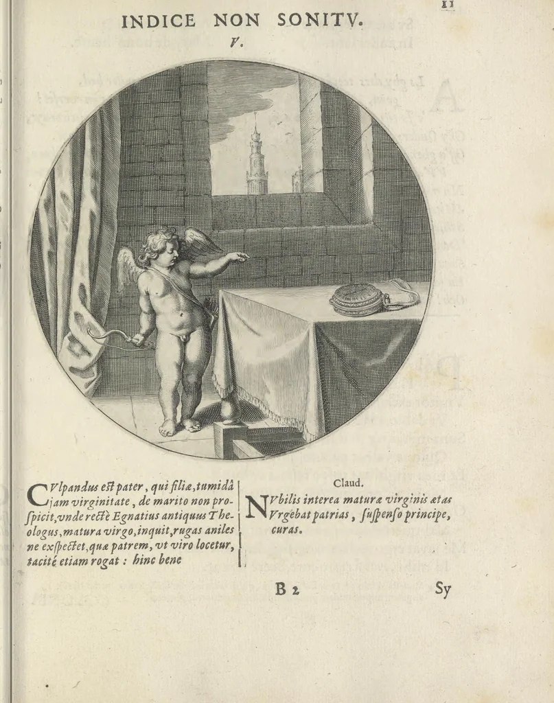 An illustration from Maechden-pflicht ofte ampt der ionck-vrovvven in eerbaer liefde aen-ghewesen door sinne-beelden. Officivm puellarum in castis amoribus emblemate expressum, 1618, leaf 30