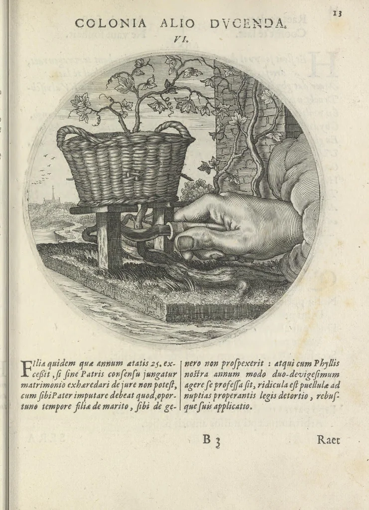 An illustration from Maechden-pflicht ofte ampt der ionck-vrovvven in eerbaer liefde aen-ghewesen door sinne-beelden. Officivm puellarum in castis amoribus emblemate expressum, 1618, leaf 32