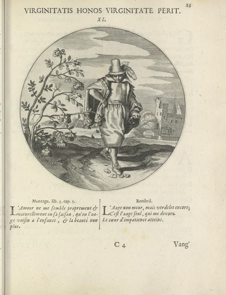 An illustration from Maechden-pflicht ofte ampt der ionck-vrovvven in eerbaer liefde aen-ghewesen door sinne-beelden. Officivm puellarum in castis amoribus emblemate expressum, 1618, leaf 42